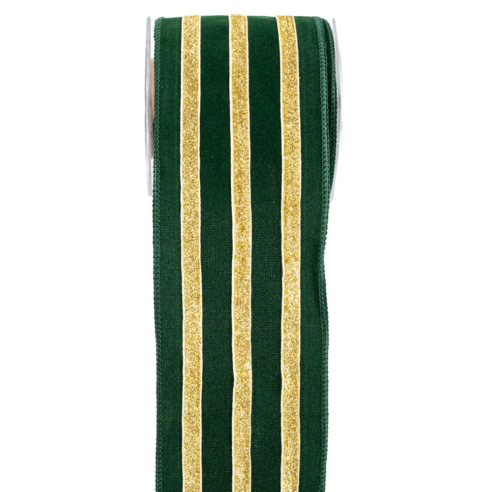 20055 ΚΟΡΔ.LINED VELVET 10cm x 4.5m ΠΡΑΣΙΝΟ-ΧΡΥΣΟ