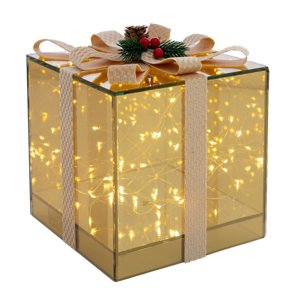 86225 ΧΡΥΣΟ ΓΥΑΛΙΝΟ ΚΟΥΤΙ ΣΕ ΣΧΗΜΑ ΔΩΡΟΥ ΜΕ ΚΟΡΔΕΛΑ ΚΑΙ LED ΦΩΣ ΜΠΑΤΑΡΙΑΣ 18Χ18Χ18ΕΚ