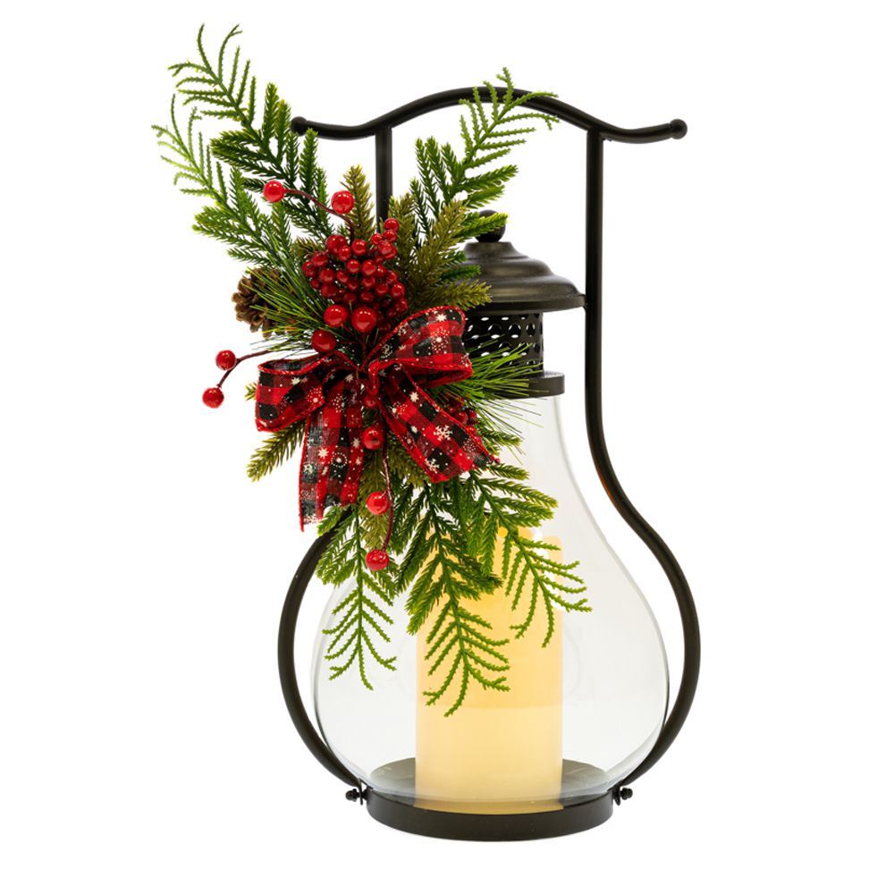 86425 ΜΑΥΡΟ ΜΕΤΑΛΛΙΚΟ ΦΑΝΑΡΙ ΜΕ BERRIES ΚΑΙ LED ΚΕΡΙ 24Χ21Χ42ΕΚ