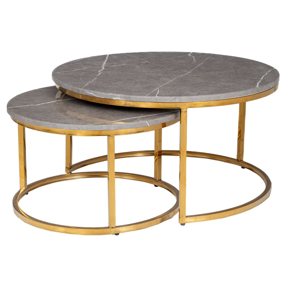 88513 ΣΕΤ 2 ΧΡΥΣΟ ΜΕΤΑΛΛΙΚΟ ΣΤΡΟΓΓΥΛΟ ΤΡΑΠΕΖΙ ΜΕ ΓΚΡΙ ΕΠΙΦΑΝΕΙΑ ΜΕ ΕΦΕ ΜΑΡΜΑΡΟΥ Φ80Χ42