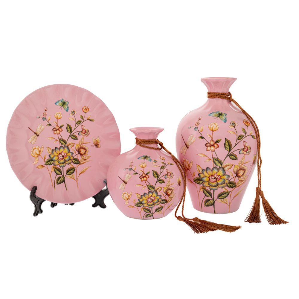 88566 ΣΕΤ 3 ΡΟΖ ΚΕΡΑΜΙΚΑ ΕΠΙΤΡΑΠΕΖΙΑ ΔΙΑΚΟΣΜΗΤΙΚΑ ΜΕ ΛΟΥΛΟΥΔΙΑ 14Χ14Χ22 13Χ13Χ15 20Χ20Χ2ΕΚ