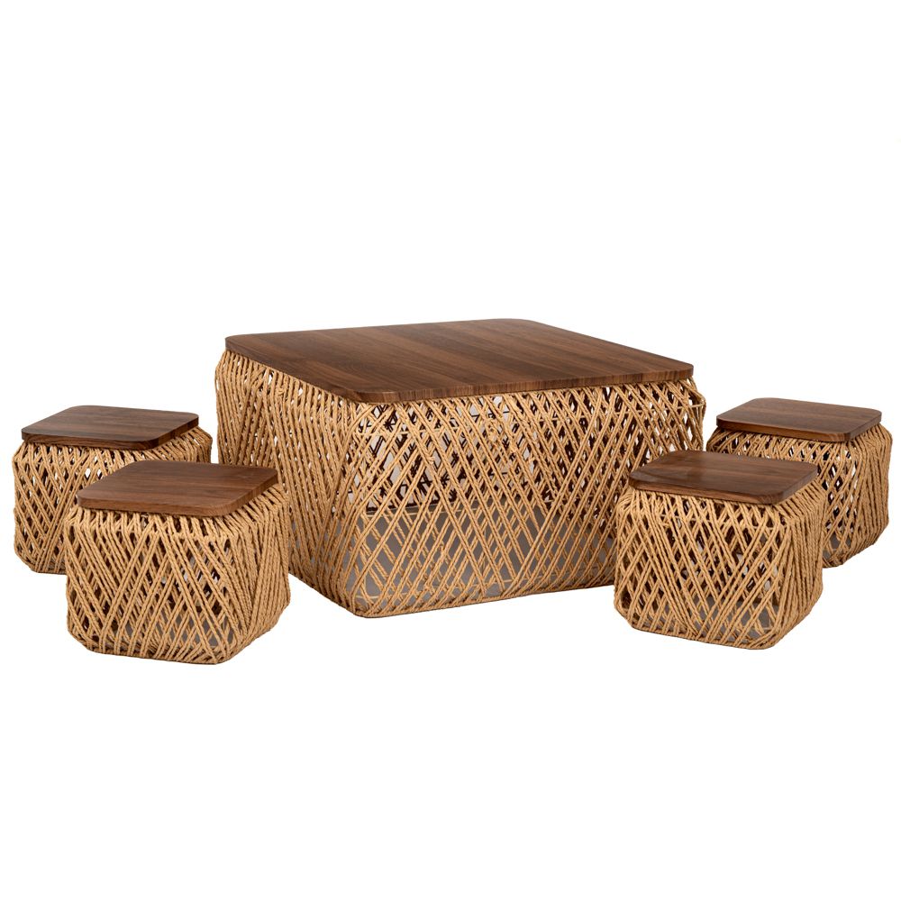 90169 ΣΕΤ 5 ΠΛΕΧΤΟ ΤΡΑΠΕΖΙ ΜΕ 4 ΣΚΑΜΠΩ 70Χ70Χ38 3030Χ28ΕΚ ΣΚΑΜΠΩ ΜΕ ΞΥΛΙΝΗ ΕΠΙΦΑΝΕΙΑ