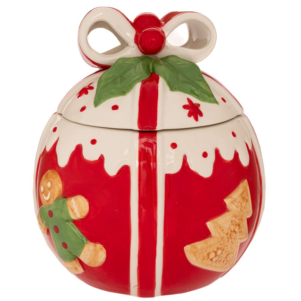 90947 ΚΟΚΚΙΝΗ ΛΕΥΚΗ ΣΤΡΟΓΓΥΛΗ ΚΕΡΑΜΙΚΗ ΜΠΙΣΚΟΤΙΕΡΑ ΜΕ GINGERBREAD 15Χ15Χ18ΕΚ