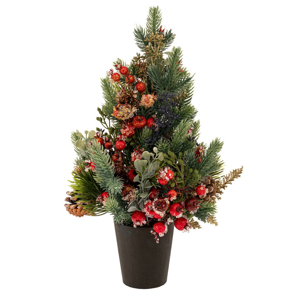 91058 ΠΑΓΩΜΕΝΟ ΠΡΑΣΙΝΟ ΔΕΝΤΡΟ ME ΚΟΚΚΙΝΑ BERRIES ΚΑΙ ΚΟΥΚΟΥΝΑΡΙΑ ΣΕ ΠΛΑΣΤΙΚΗ ΓΛΑΣΤΡΑ 43ΕΚ