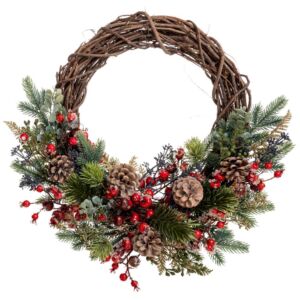 ΠΑΓΩΜΕΝΟ ΠΡΑΣΙΝΟ ΣΤΕΦΑΝΙ ΜΕ ΚΟΚΚΙΝΑ BERRIES ΚΑΙ  ΚΟΥΚΟΥΝΑΡΙΑ Φ50ΕΚ