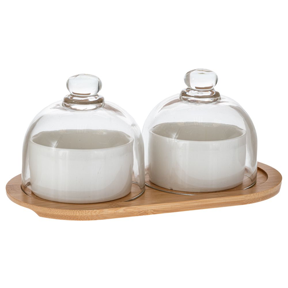 91927 ΛΕΥΚΑ ΚΕΡΑΜΙΚΑ ΜΠΩΛ ΣΕΡΒΙΡΙΣΜΑΤΟΣ ΜΕ ΓΥΑΛΙΝΟ ΚΑΠΑΚΙ ΣΕ BAMBOO ΒΑΣΗ 24Χ12Χ10ΕΚ