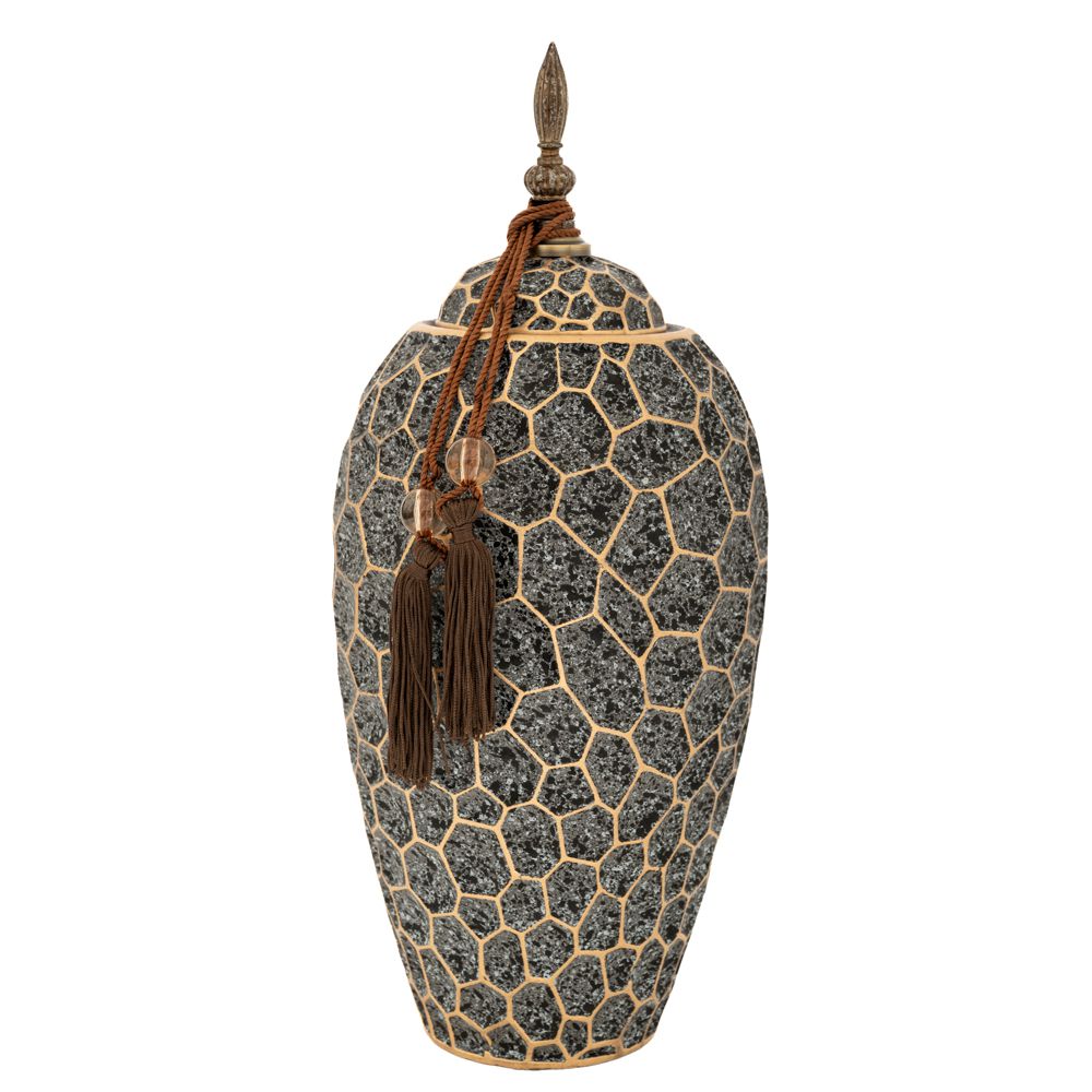 88725 ΓΚΡΙ ΚΕΡΑΜΙΚΟ ΣΤΡΟΓΓΥΛΟ ΒΑΖΟ ΜΕ ΚΑΠΑΚΙ ΚΑΙ ΧΡΥΣΕΣ ΑΝΑΓΛΥΦΕΣ ΛΕΠΤΟΜΕΡΕΙΕΣ 19Χ40ΕΚ